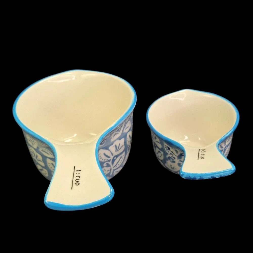 Sparrow and Wren Ceramic Measuring Cups Set 4 Blue Floral Leaf Kitchen Cooking